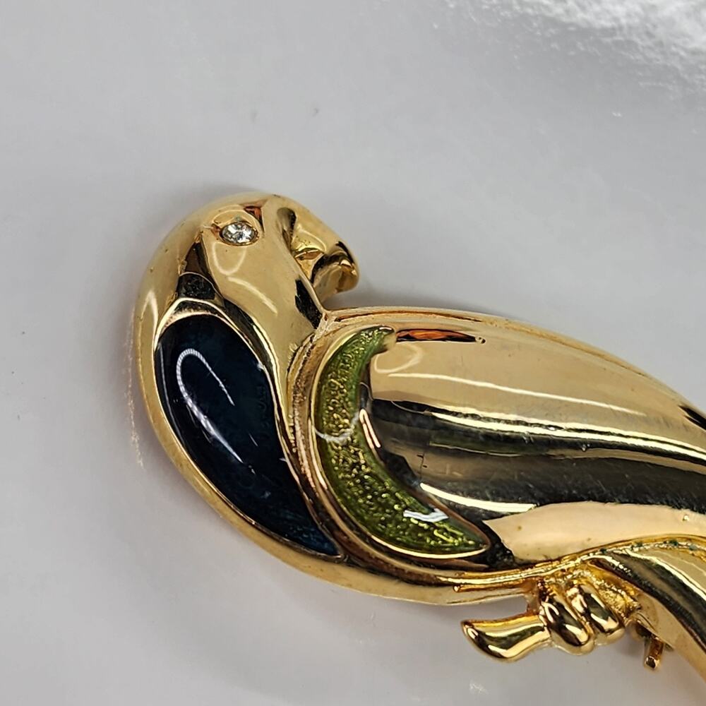 Liz Claiborne Parrot Bird Brooch Pin Signed 3” Gold Tone Green Enamel Vintage LC - Picture 6 of 10